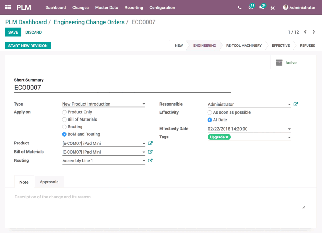 Fiche ordre de modification technique Odoo PLM ECO0007 avec type d'introduction produit, application sur nomenclature et gamme de fabrication, date d'effectivité et workflow d'approbation