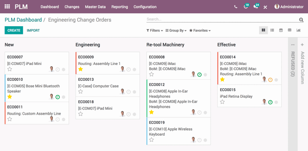 Tableau Kanban Odoo PLM des ordres de modification technique avec suivi des ECO par étape : Nouveau, En ingénierie, Reconfiguration machine, Effectif et Refusé
