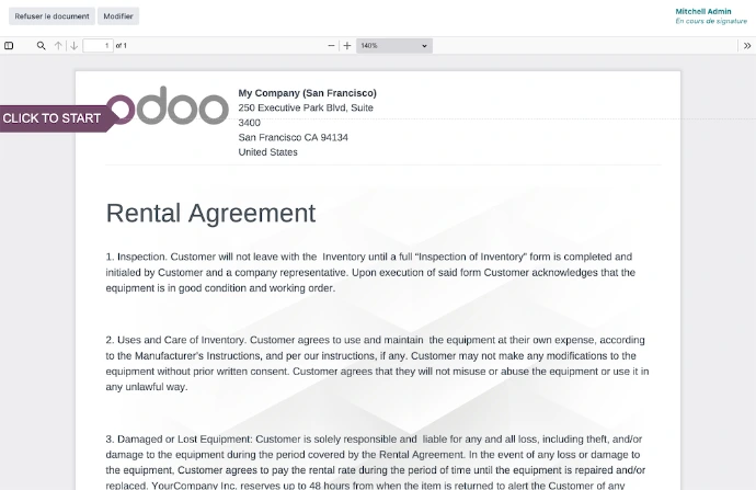 Contrat de location généré automatiquement par Odoo avec clauses d'inspection, d'utilisation et de responsabilité, prêt à être signé électroniquement par le client