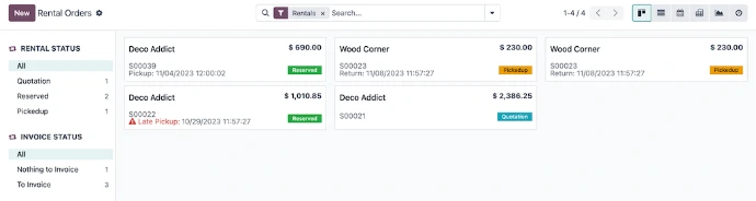Vue Kanban Odoo Locations des ordres de location avec suivi en temps réel des statuts : Réservé, Retiré, Devis et alerte de retard de prise en charge ✅ module-locations traité (4/4 visuels). Module suivant ?