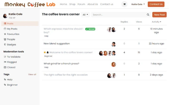 Forum communautaire Odoo avec liste de posts classés par activité, statuts de résolution, tags thématiques et outils de modération pour l'administrateur