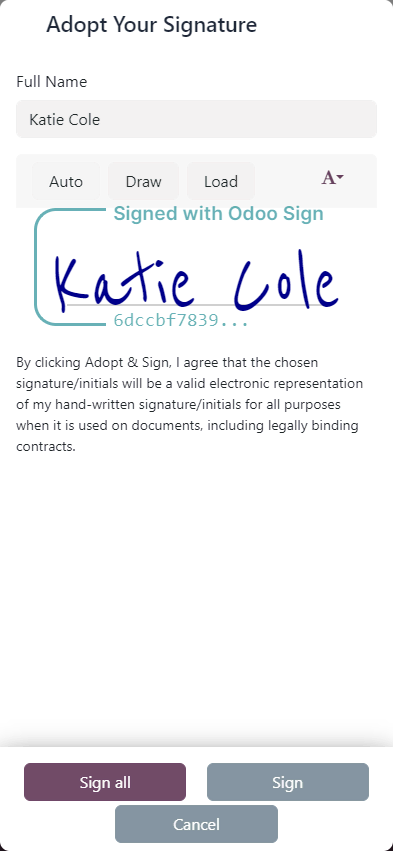 Interface Odoo Documents de signature électronique avec création de signature manuscrite numérisée, empreinte cryptographique et mention de validité juridique pour les contrats