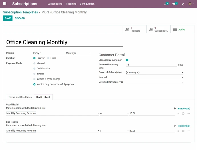 Fiche modèle d'abonnement Odoo avec paramétrage de la récurrence mensuelle, mode de paiement automatique, accès portail client et règles de santé basées sur le revenu récurrent mensuel