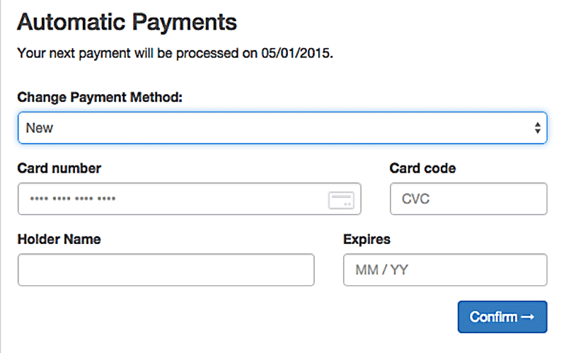 Formulaire de paiement automatique Odoo Abonnements avec saisie sécurisée du numéro de carte, code CVC, titulaire et date d'expiration pour les prélèvements récurrents