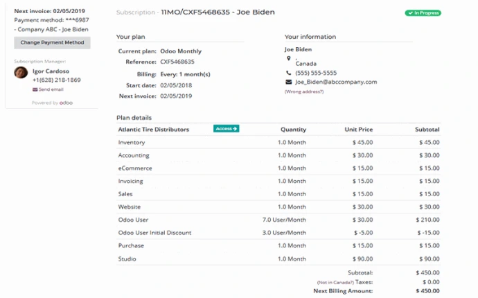Portail client Odoo Abonnements avec détail du plan mensuel actif, liste des modules souscrits avec prix unitaires et montant total de la prochaine facture