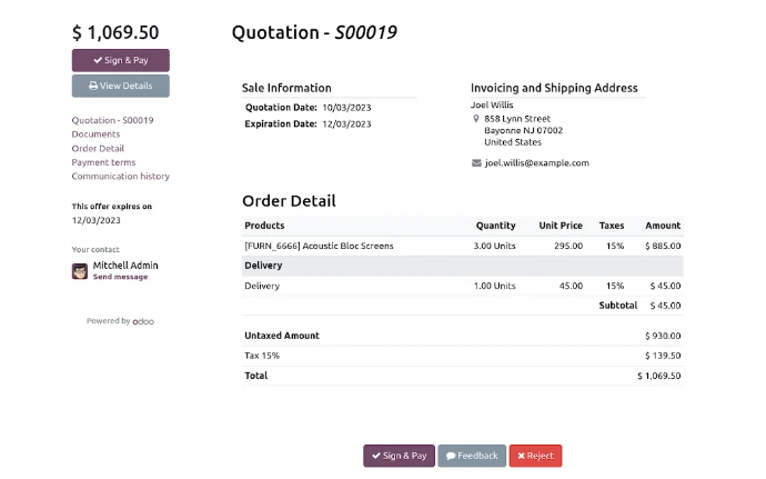 Portail client Odoo affichant un devis avec détail des produits commandés, montant total et boutons de signature électronique, retour et refus directement en ligne