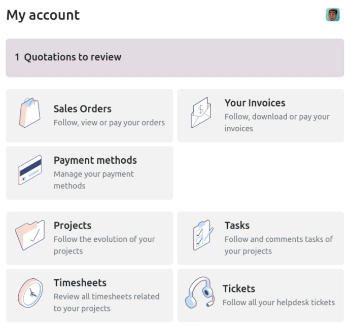 Portail client Odoo avec tableau de bord Mon compte donnant accès aux commandes, factures, moyens de paiement, projets, tâches, feuilles de temps et tickets d'assistance
