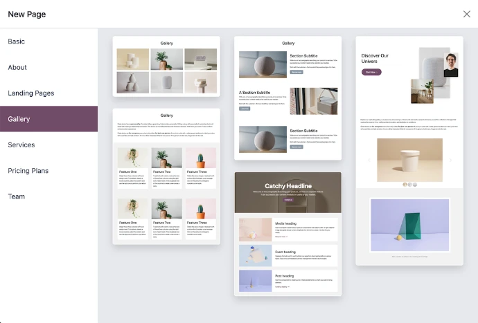 Sélecteur de templates de pages Odoo Website avec catégories prédéfinies et aperçus des mises en page disponibles pour créer rapidement une nouvelle page sans code