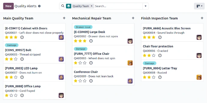 Vue Kanban Odoo Qualité des alertes réparties par équipe spécialisée : équipe qualité principale, réparation mécanique et inspection de finition avec tags de type de défaut