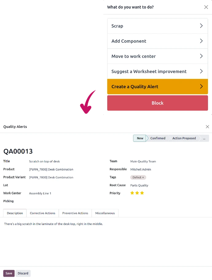 Menu d'action post-contrôle qualité Odoo avec options de traitement de la non-conformité et fiche d'alerte qualité QA00013 créée avec description du défaut, équipe responsable et cause racine