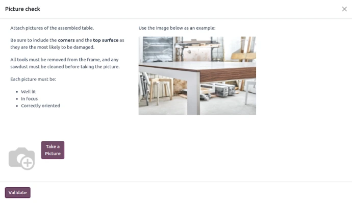Fiche de contrôle qualité photographique Odoo avec instructions détaillées pour la prise de vue d'une table assemblée, image de référence et bouton de capture