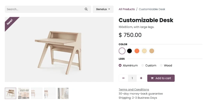 Fiche produit Odoo eCommerce d'un bureau personnalisable avec sélection de variantes couleur et matière, gestion des quantités et ajout au panier