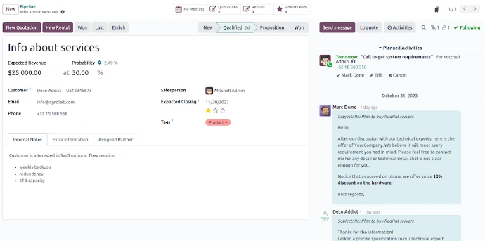 Fiche opportunité CRM Odoo avec chatter intégré, activités planifiées et historique des échanges client