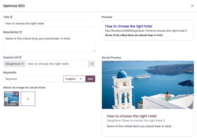 "Fenêtre d'optimisation SEO Odoo avec champs titre, description, URL personnalisée, mots-clés et prévisualisation Google et réseaux sociaux
