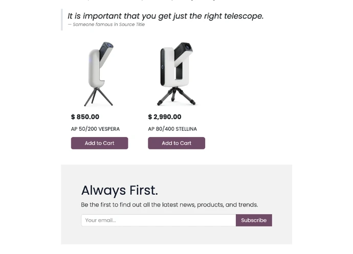 Bloc de mise en avant produits Odoo intégré dans un article de blog avec fiches articles, prix et bouton d'achat