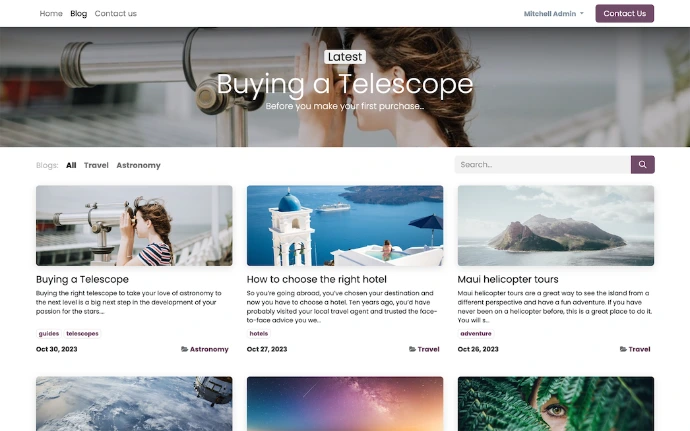 Page blog Odoo avec liste d'articles catégorisés, vignettes et filtres par thématique