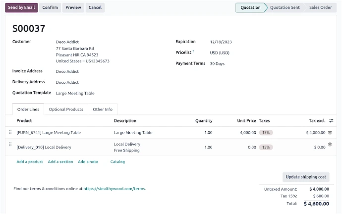 Formulaire de devis fournisseur Odoo S00037 avec lignes de commande, template et conditions de paiement