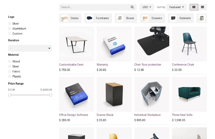 Catalogue produits Odoo avec filtres matière et gamme de prix, articles affichés en vue grille