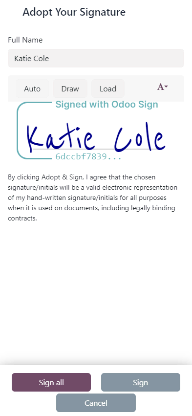 Fenêtre de signature électronique Odoo Sign avec saisie du nom, aperçu de la signature manuscrite et confirmation légale