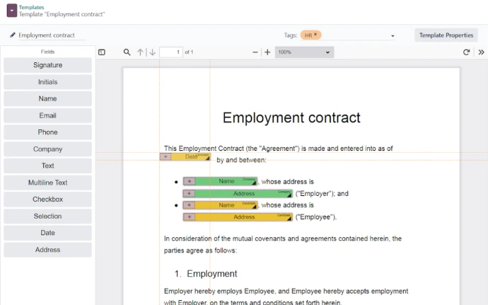 Éditeur de modèle de contrat Odoo Sign avec champs dynamiques Signature, Nom, Date et Adresse positionnés sur le document