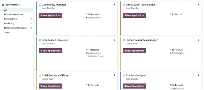 Liste des offres d'emploi Odoo Recrutement filtrée par département avec statut des candidatures et activités en cours