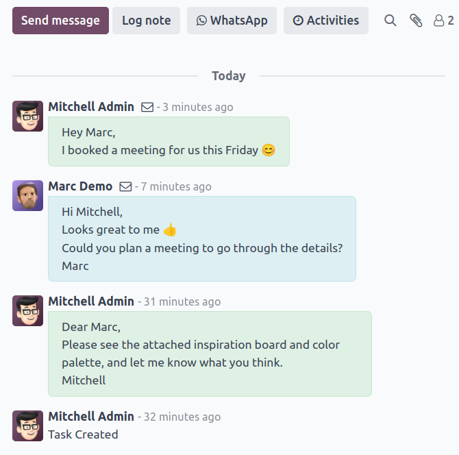 Fil de discussion d'une tâche Odoo Projet avec historique des messages entre collaborateurs et notifications en temps réel