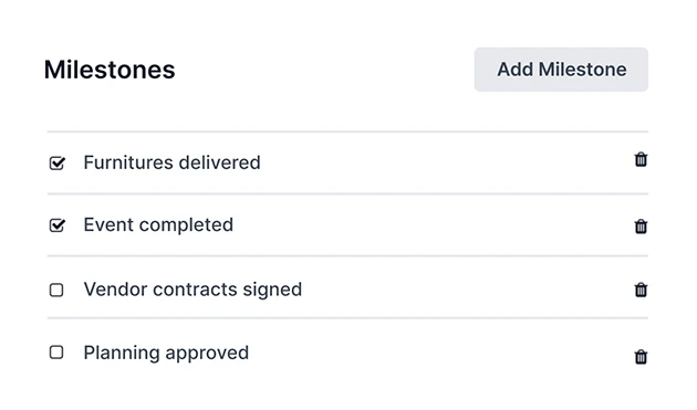 Liste des jalons d'un projet Odoo avec statut d'avancement coché ou non pour chaque étape clé