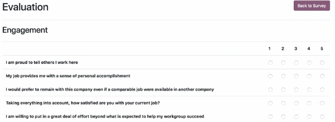 Questionnaire d'évaluation de l'engagement Odoo avec échelle de notation de 1 à 5 sur critères de satisfaction au travail
