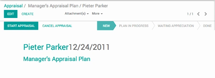 Plan d'évaluation manager Odoo avec workflow de validation en étapes : New, Plan in Progress, Waiting Appreciation, Done