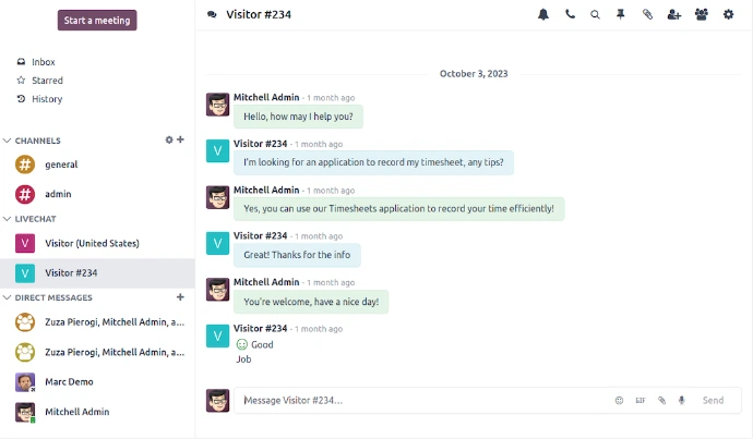 Conversation live chat Odoo Discussion entre un opérateur et un visiteur avec historique des échanges en temps réel