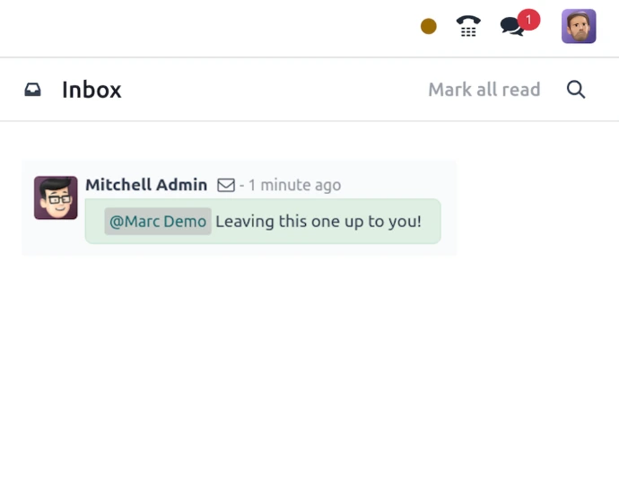 Boîte de réception Odoo Discussion avec notification de mention @Marc Demo dans un message d'équipe