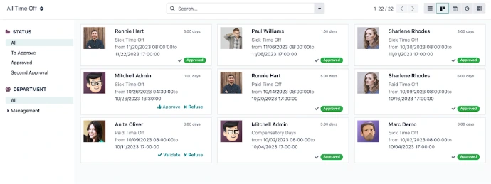 Vue Kanban des demandes de congés Odoo avec statuts Approved et To Approve par employé, type et durée