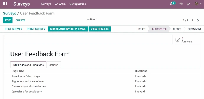 Éditeur de sondage Odoo Surveys avec pages et questions organisées par thématique, statut In Progress et partage par email