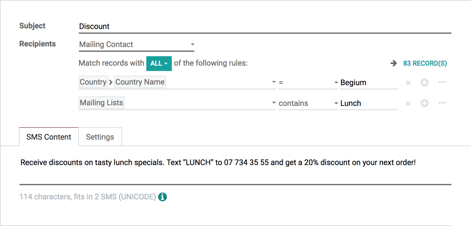 Formulaire de campagne SMS Odoo avec segmentation par pays et liste de diffusion, contenu du message et compteur de caractères