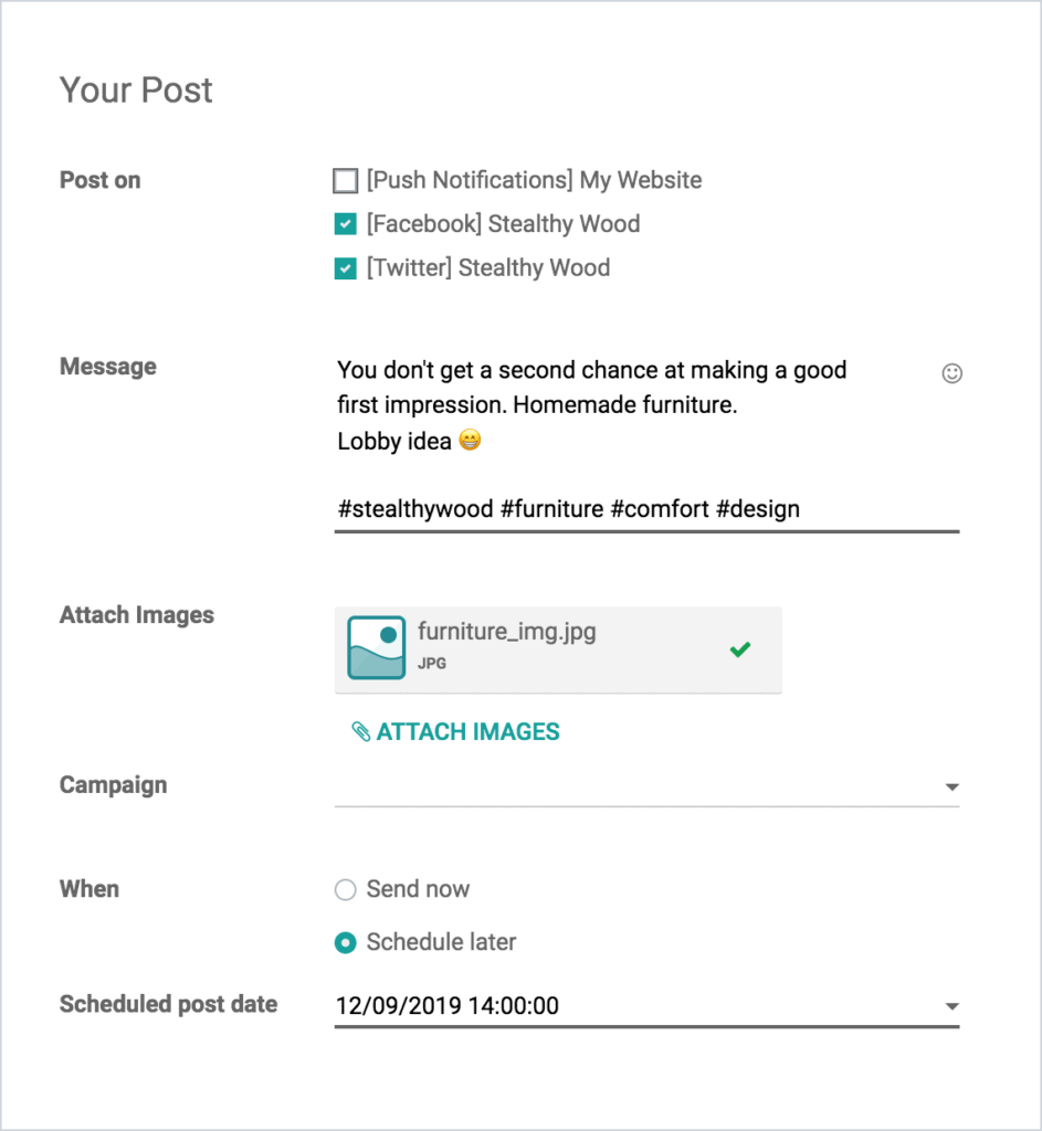 Formulaire Odoo Réseaux sociaux pour programmer une publication simultanée sur Facebook et Twitter avec hashtags et image