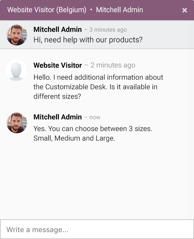 Fenêtre de live chat Odoo intégrée au site web avec conversation en temps réel entre un visiteur et un opérateur