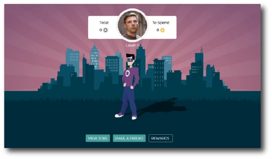 Tableau de bord gamifié Odoo Referral avec avatar super-héros, points accumulés et accès aux offres d'emploi à partager