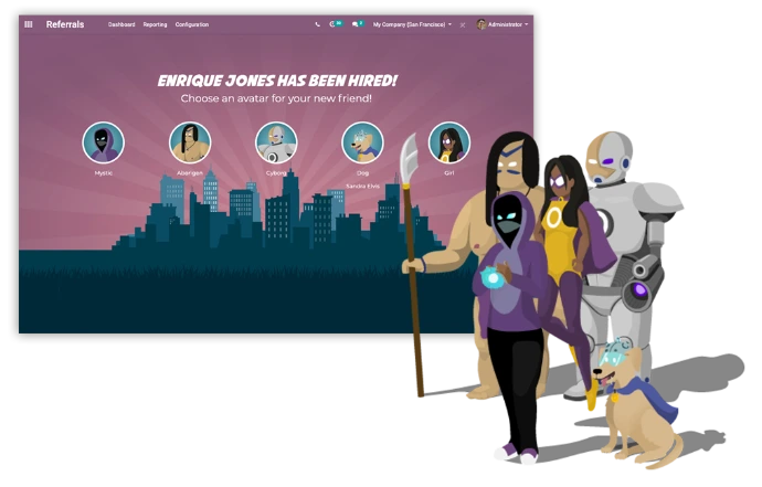Interface Odoo Referral avec sélection d'avatars super-héros lors du recrutement d'un nouveau coopteur dans l'équipe