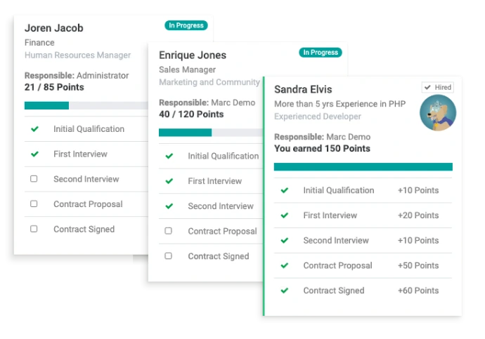 Suivi des cooptations Odoo Referral avec progression par étape, points gagnés à chaque étape et statut de recrutement