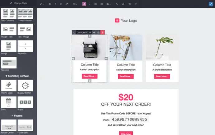 Éditeur d'email Odoo avec blocs marketing intégrés : code promo, offre de réduction et mise en page multi-colonnes