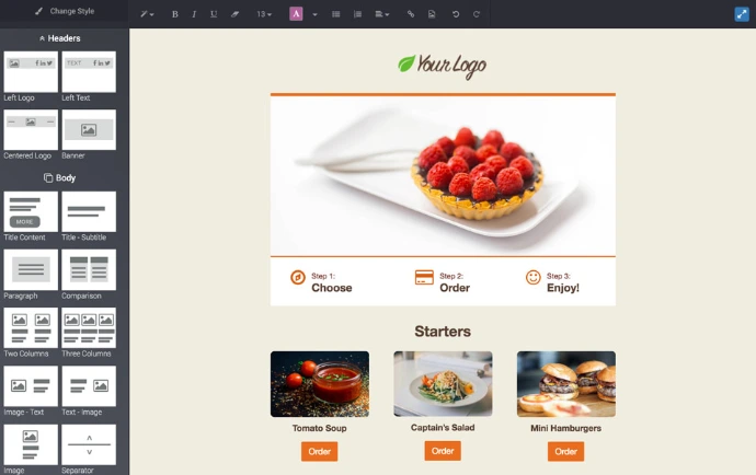 Éditeur d'email Odoo Marketing Automation avec blocs de mise en page, images produits et étapes de commande personnalisables