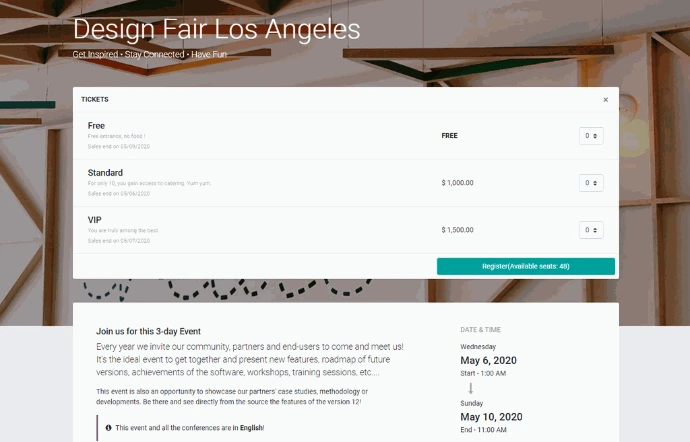 Page de vente de billets Odoo Événements avec tarifs Free, Standard et VIP et formulaire d'inscription en ligne