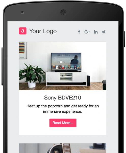Email marketing Odoo affiché sur smartphone avec mise en page produit, image, description et bouton Read More