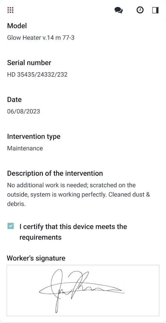 Feuille d'intervention Odoo Field Service sur mobile avec modèle, numéro de série, type d'intervention et signature du technicien