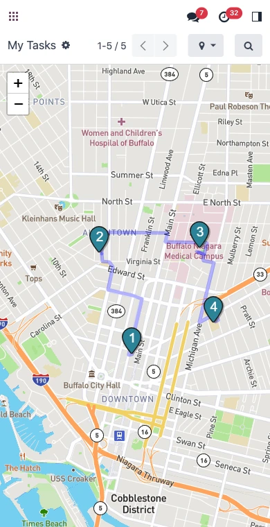 Carte géolocalisée Odoo Field Service sur mobile avec tournée d'interventions numérotées dans la ville de Buffalo
