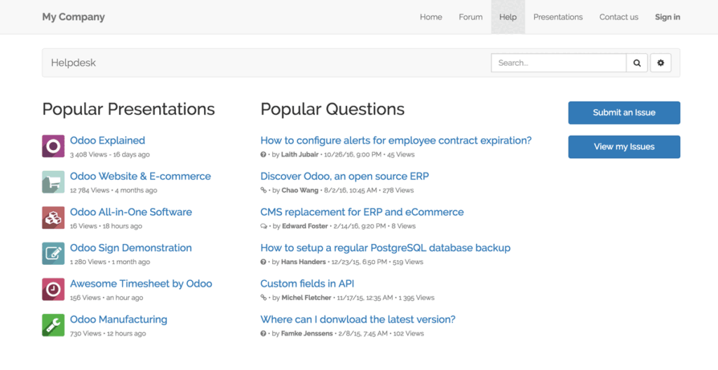 Portail client Odoo Helpdesk affichant les présentations populaires et les questions fréquentes avec boutons de soumission et suivi de ticket