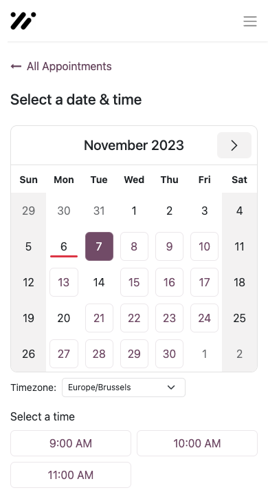 Interface mobile Odoo Rendez-vous avec calendrier de sélection de date en novembre 2023 et choix du créneau horaire disponible