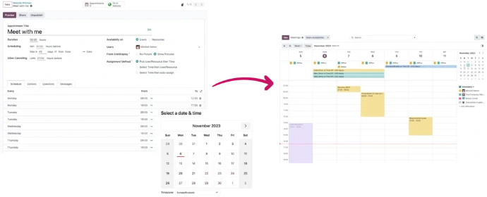 Configuration d'un type de rendez-vous Odoo avec paramètres de durée, disponibilités par jour et aperçu du calendrier de réservation en ligne