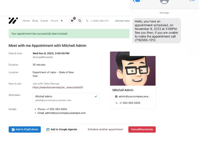 Page de confirmation de rendez-vous Odoo avec récapitulatif date, durée, lieu et lien de visioconférence, accompagnée d'un SMS de rappel automatique envoyé au client