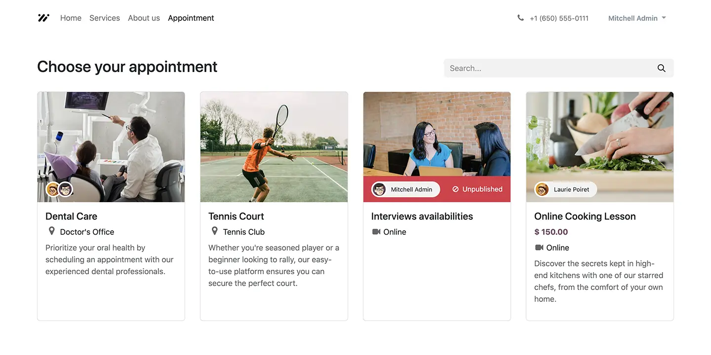 Page de sélection de rendez-vous en ligne Odoo avec choix du type de service : soins dentaires, court de tennis, entretiens et cours de cuisine